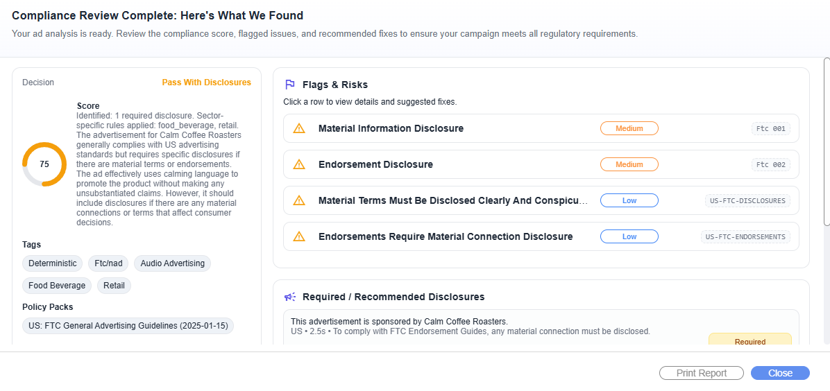 Experimental compliance review with possible issues and disclosures