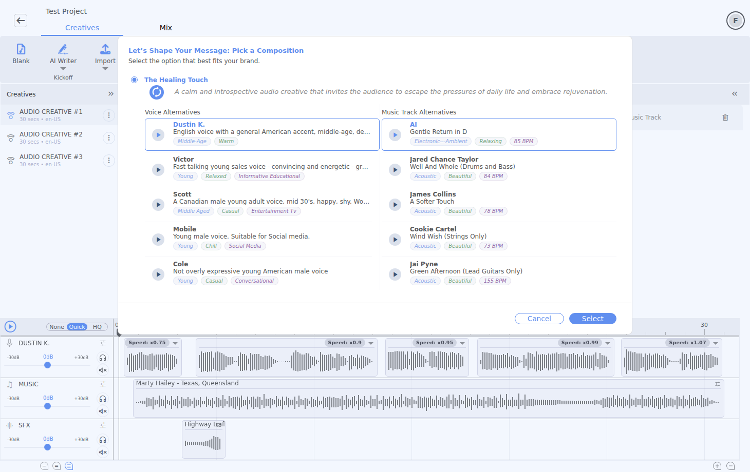 AI-assisted recommendations with creative, voice and music options